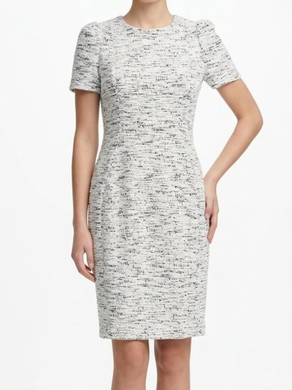 NWT Calvin Klein Black & White Tweed Puff Sleeve Midi Sheath Dress 4P